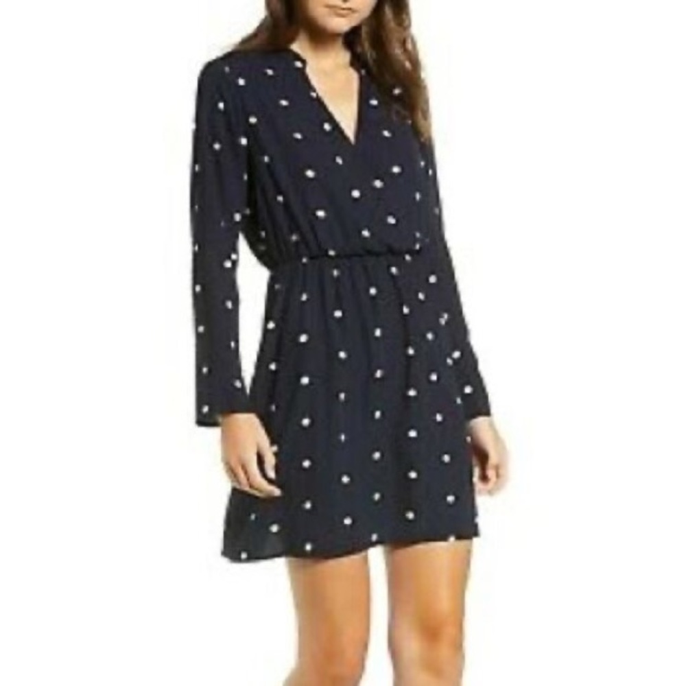 All in favor brand; Nordstrom; navy blue knee length dress, white polka dots.